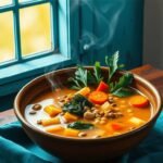 a steaming bowl of fusion miso minestrone with vegetables, lentils, and cannellini beans. a steaming bowl of fusion miso minestrone with vegetables, lentils, and cannellini beans.