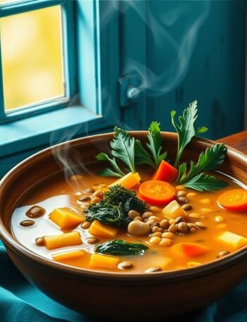 a steaming bowl of fusion miso minestrone with vegetables, lentils, and cannellini beans. a steaming bowl of fusion miso minestrone with vegetables, lentils, and cannellini beans.