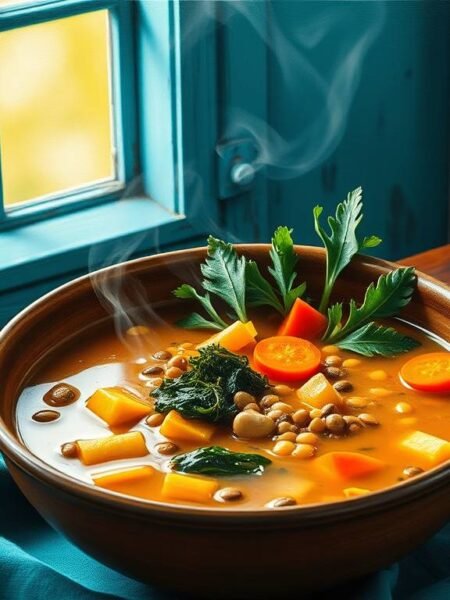 A steaming bowl of fusion miso minestrone with vegetables, lentils, and cannellini beans.