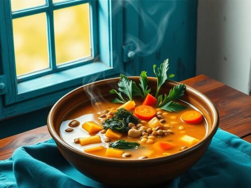 a steaming bowl of fusion miso minestrone with vegetables, lentils, and cannellini beans. a steaming bowl of fusion miso minestrone with vegetables, lentils, and cannellini beans.