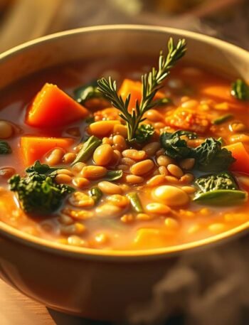 a golden miso minestrone filled with beans, lentils, kale, and fennel in a rustic ceramic bowl a golden miso minestrone filled with beans, lentils, kale, and fennel in a rustic ceramic bowl