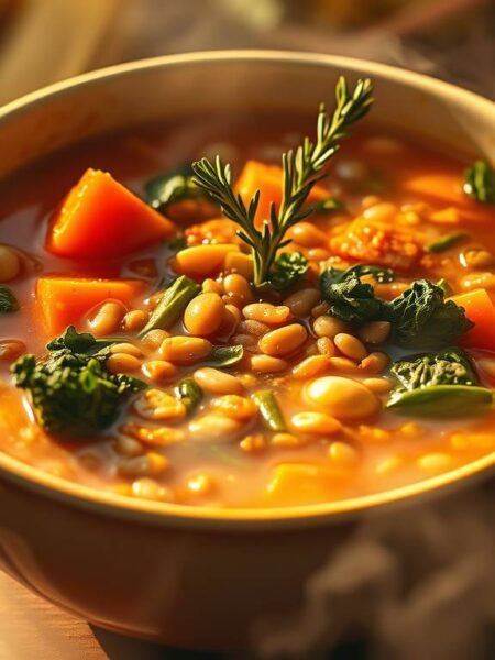 a golden miso minestrone filled with beans, lentils, kale, and fennel in a rustic ceramic bowl a golden miso minestrone filled with beans, lentils, kale, and fennel in a rustic ceramic bowl