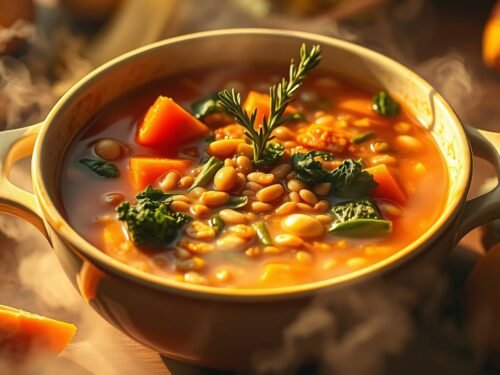 a golden miso minestrone filled with beans, lentils, kale, and fennel in a rustic ceramic bowl a golden miso minestrone filled with beans, lentils, kale, and fennel in a rustic ceramic bowl