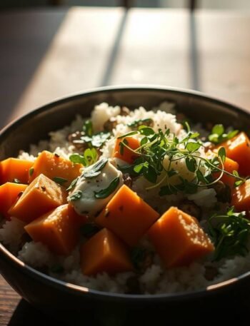 purple tofu pilaf with roasted sweet potato, brown rice, and sardinian herbs in a rustic esoterris bowl. purple tofu pilaf with roasted sweet potato, brown rice, and sardinian herbs in a rustic esoterris bowl.