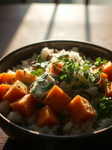 Purple tofu pilaf with roasted sweet potato, brown rice, and Sardinian herbs in a rustic Esoterris bowl.