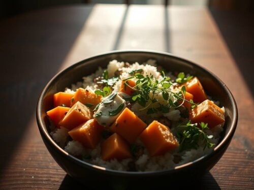 purple tofu pilaf with roasted sweet potato, brown rice, and sardinian herbs in a rustic esoterris bowl. purple tofu pilaf with roasted sweet potato, brown rice, and sardinian herbs in a rustic esoterris bowl.