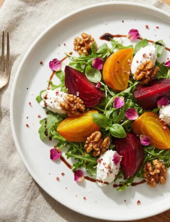 One-hand friendly beet and goat cheese ruby salad with arugula, walnuts, and balsamic-rose drizzle on a white plate