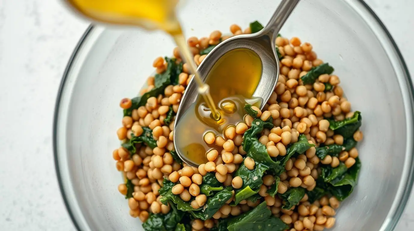 lemon-mustard oil being folded into warm lentils and greens lemon-mustard oil being folded into warm lentils and greens