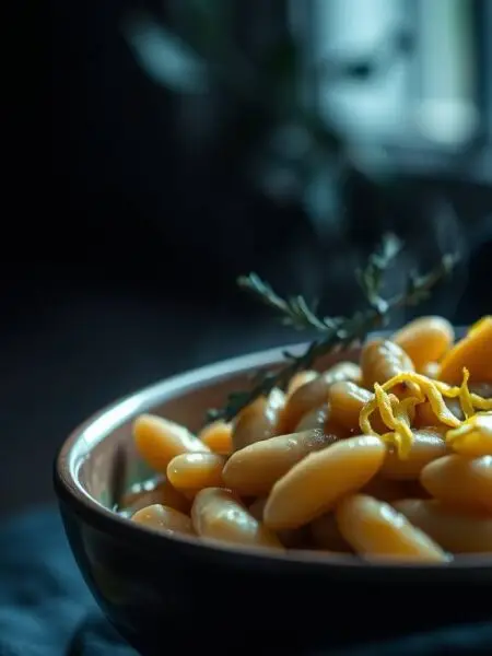 Creamy cannellini beans with lemon and olive oil in a minimalist ceramic bowl