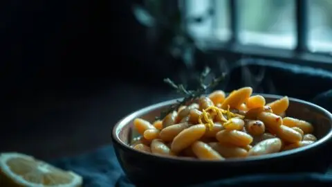 creamy cannellini beans with lemon and olive oil in a minimalist ceramic bowl creamy cannellini beans with lemon and olive oil in a minimalist ceramic bowl