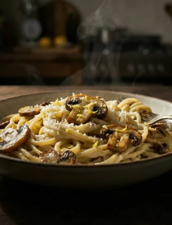 creamy lemon pasta with mushrooms served in a bowl with parmesan and lemon zest creamy lemon pasta with mushrooms served in a bowl with parmesan and lemon zest