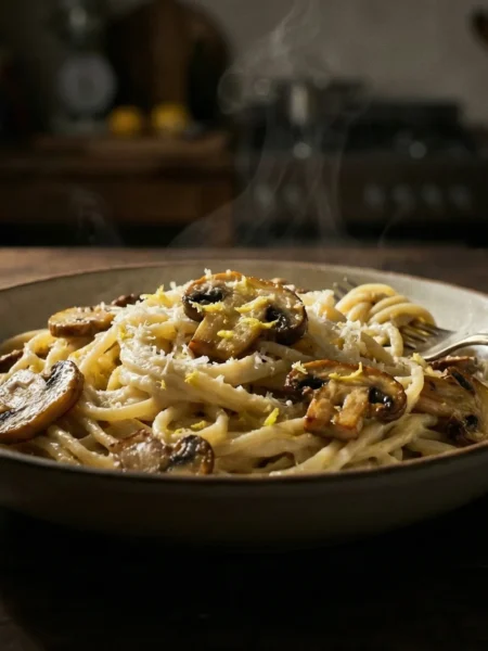 Creamy lemon pasta with mushrooms served in a bowl with Parmesan and lemon zest