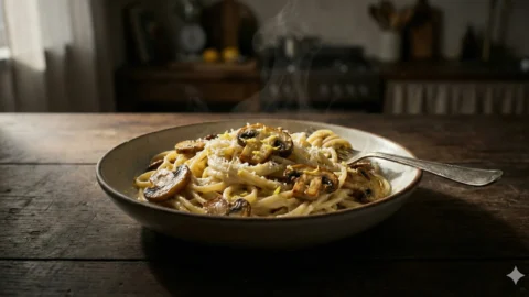 creamy lemon pasta with mushrooms served in a bowl with parmesan and lemon zest creamy lemon pasta with mushrooms served in a bowl with parmesan and lemon zest