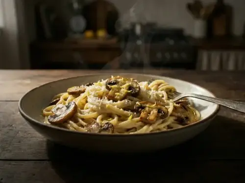 creamy lemon pasta with mushrooms served in a bowl with parmesan and lemon zest creamy lemon pasta with mushrooms served in a bowl with parmesan and lemon zest creamy lemon pasta with mushrooms served in a bowl with parmesan and lemon zest