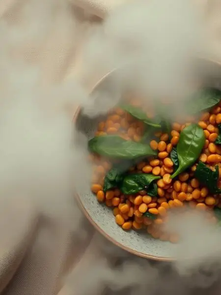 Golden lentils with spinach served in a warm, creamy comfort bowl