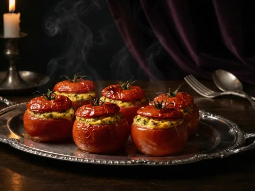 chiaroscuro portrait of lady violet–style stuffed tomatoes on an edwardian table chiaroscuro portrait of lady violet–style stuffed tomatoes on an edwardian table