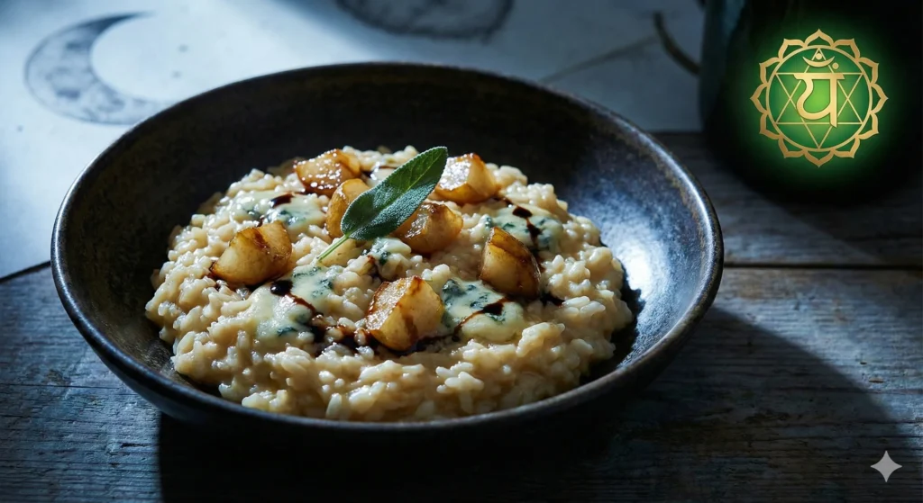 dark, moody bowl of pear and blue cheese risotto under dramatic chiaroscuro lighting dark, moody bowl of pear and blue cheese risotto under dramatic chiaroscuro lighting