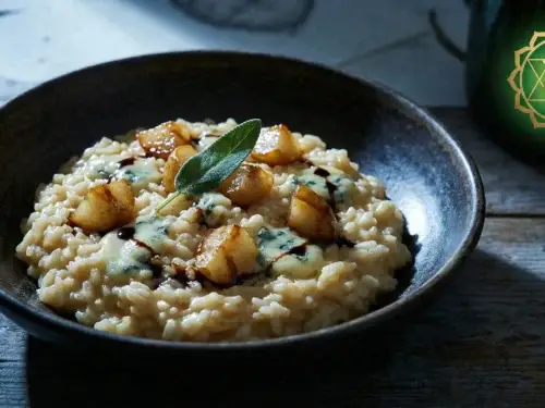 dark, moody bowl of pear and blue cheese risotto under dramatic chiaroscuro lighting dark, moody bowl of pear and blue cheese risotto under dramatic chiaroscuro lighting dark, moody bowl of pear and blue cheese risotto under dramatic chiaroscuro lighting