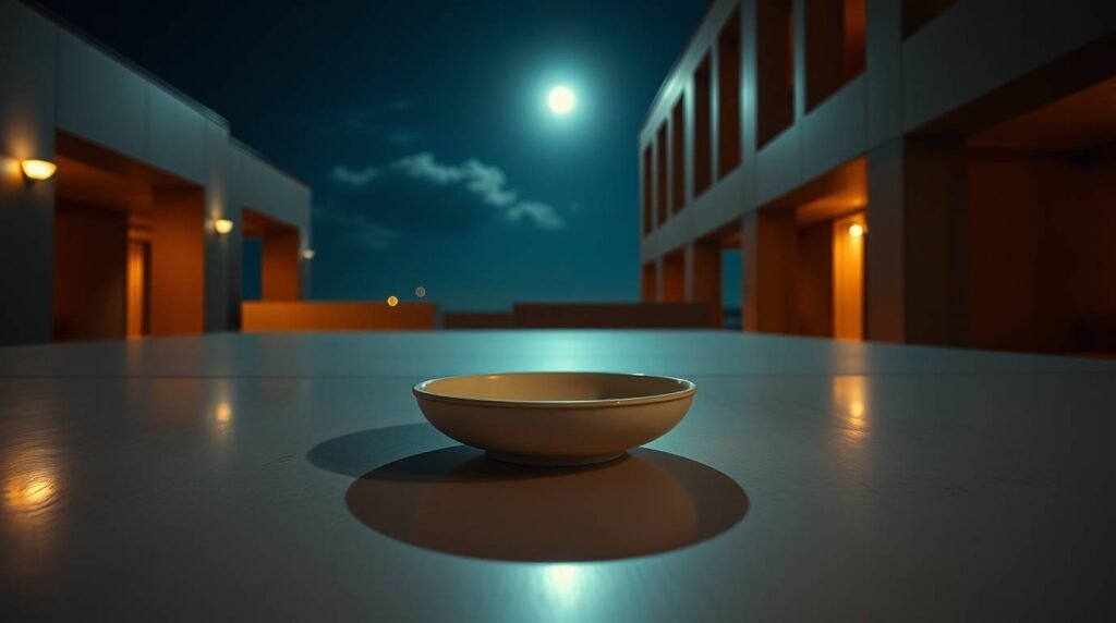 bowl and table in silence under moonlight