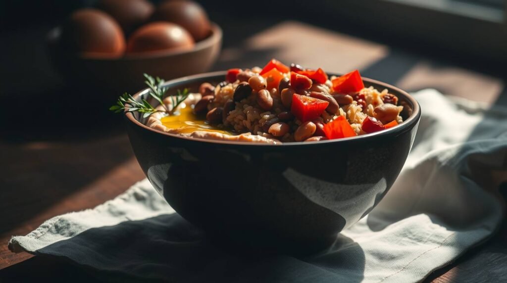 warm cannellini and grain comfort bowl with hummus and olive oil in a ceramic bowl warm cannellini and grain comfort bowl with hummus and olive oil in a ceramic bowl