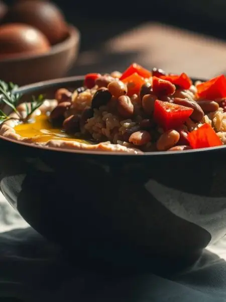 Warm cannellini and grain comfort bowl with hummus and olive oil in a ceramic bowl