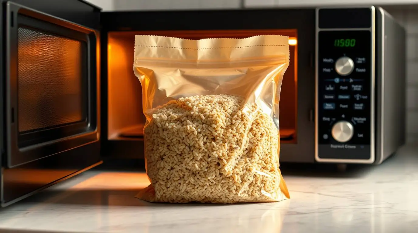 microwavable brown rice pouch being heated for a comfort bowl microwavable brown rice pouch being heated for a comfort bowl