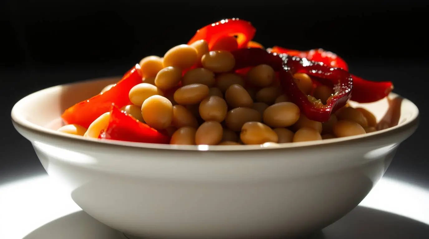 cannellini beans and roasted red peppers added to a bowl cannellini beans and roasted red peppers added to a bowl