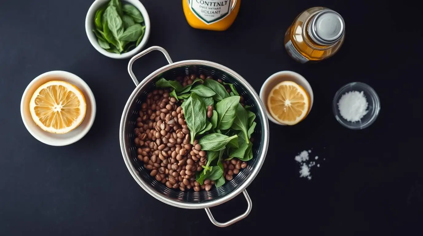 ingredients for warm lentils and soft greens laid out simply ingredients for warm lentils and soft greens laid out simply