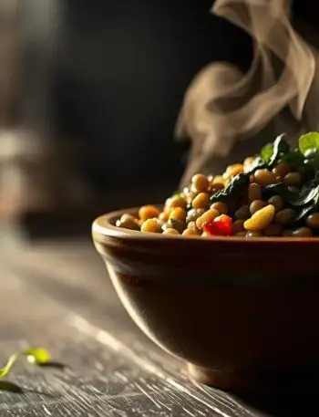 warm lentils with soft greens and lemon-mustard oil in a ceramic bowl warm lentils with soft greens and lemon-mustard oil in a ceramic bowl