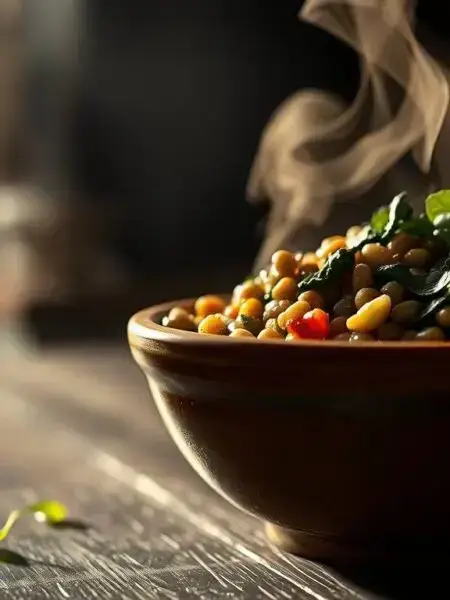 Warm lentils with soft greens and lemon-mustard oil in a ceramic bowl
