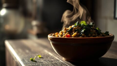 warm lentils with soft greens and lemon-mustard oil in a ceramic bowl warm lentils with soft greens and lemon-mustard oil in a ceramic bowl