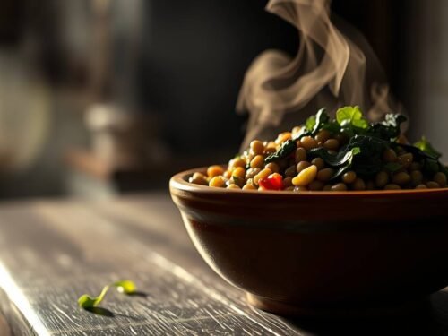 warm lentils with soft greens and lemon-mustard oil in a ceramic bowl warm lentils with soft greens and lemon-mustard oil in a ceramic bowl