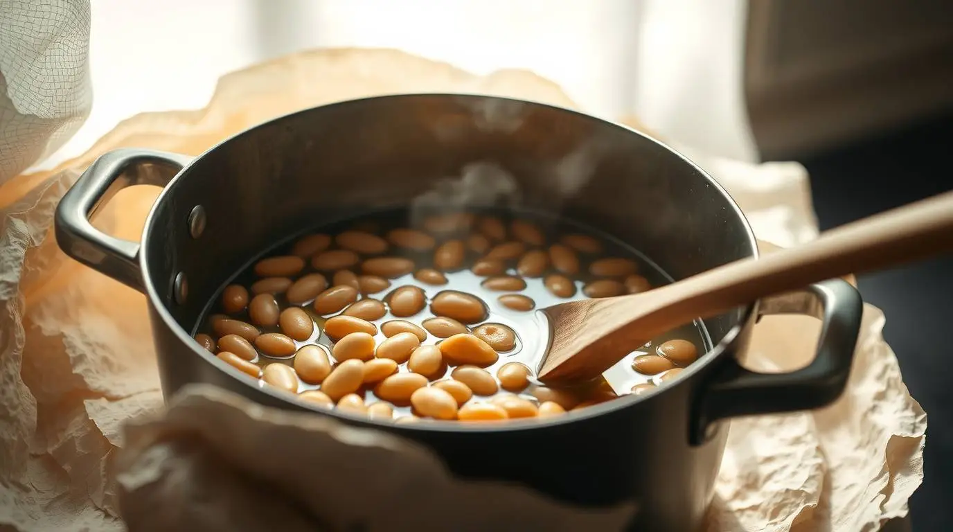 cannellini beans warming gently in olive oil in a saucepan cannellini beans warming gently in olive oil in a saucepan