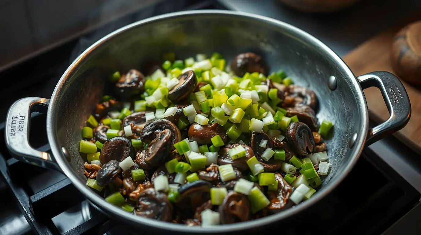 chopped leeks added to miso mushroom mixture chopped leeks added to miso mushroom mixture