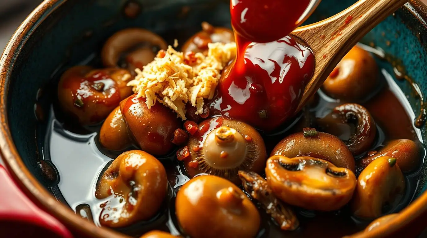 miso paste, ginger, and mirin added to mushrooms in skillet miso paste, ginger, and mirin added to mushrooms in skillet