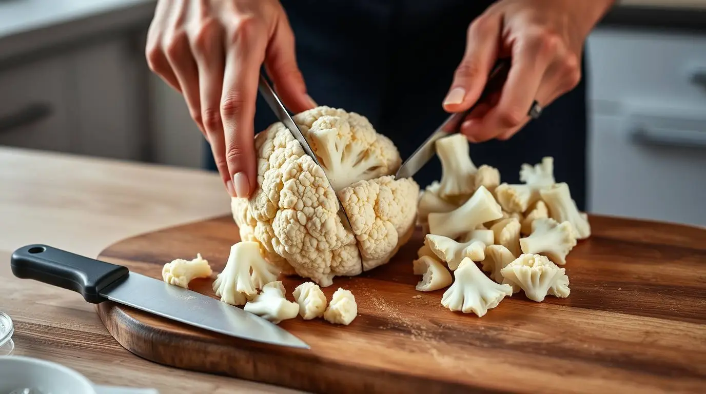 cutting cauliflower into fork-sized florets cutting cauliflower into fork-sized florets