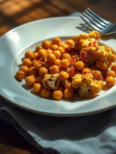 Fork-Stable Golden Chickpeas and Cauliflower plated for one