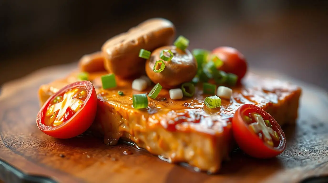 tofu steak garnished with cherry tomatoes and green onions tofu steak garnished with cherry tomatoes and green onions