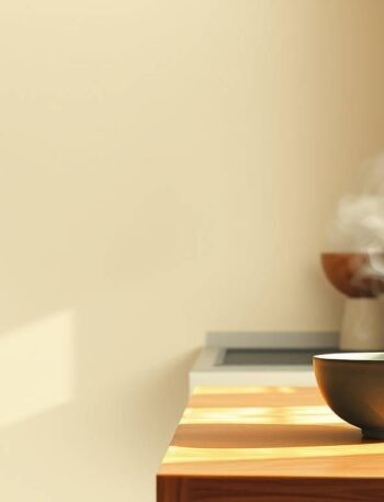 A calm, minimal kitchen scene designed for tired people, soft light and quiet atmosphere.