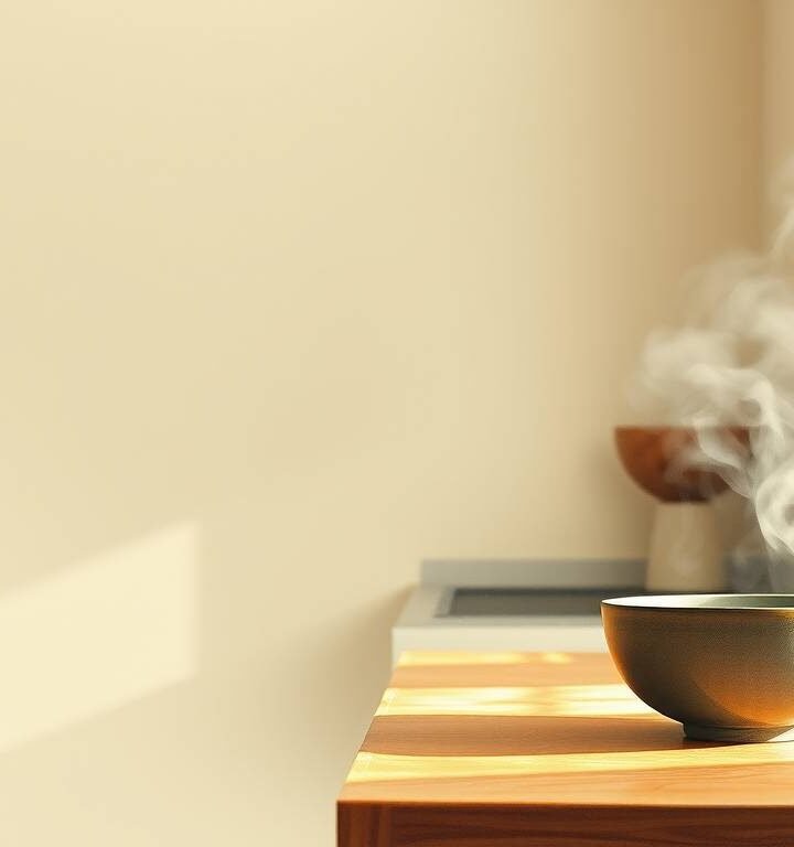 a calm, minimal kitchen scene designed for tired people, soft light and quiet atmosphere. a calm, minimal kitchen scene designed for tired people, soft light and quiet atmosphere.