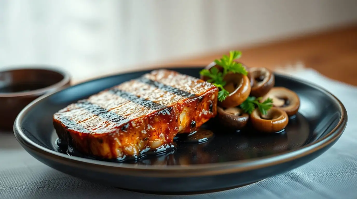 tofu steak plated with miso mushrooms on ceramic plate tofu steak plated with miso mushrooms on ceramic plate
