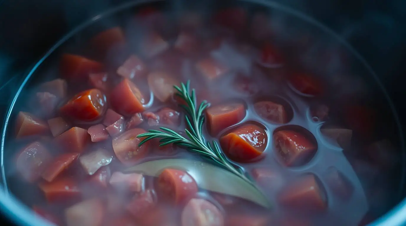 crushed tomatoes and broth added to minestrone crushed tomatoes and broth added to minestrone