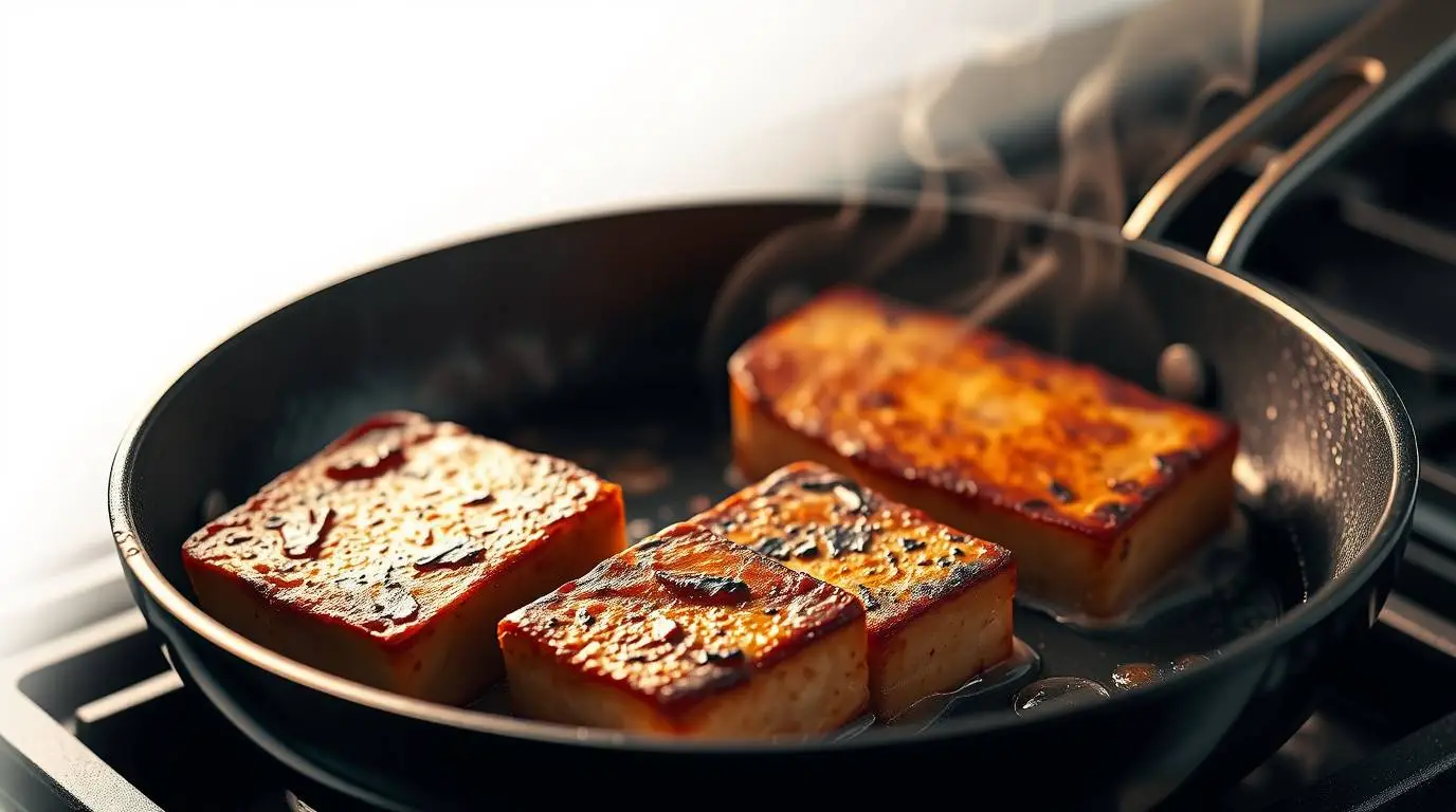 tofu steaks searing in a skillet until golden brown tofu steaks searing in a skillet until golden brown