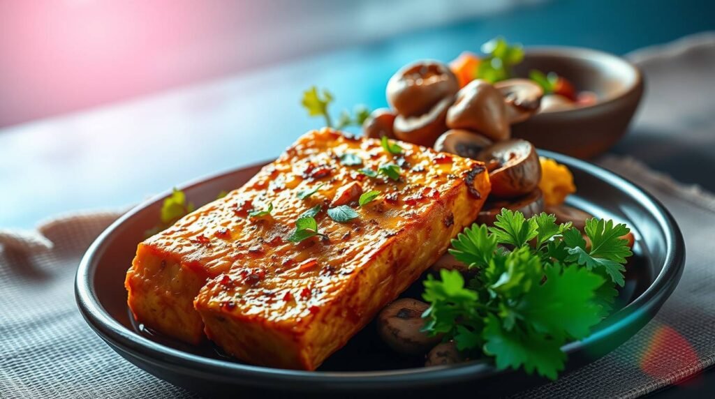 tofu steak with miso mushrooms served on a ceramic plate with green onions and cherry tomatoes tofu steak with miso mushrooms served on a ceramic plate with green onions and cherry tomatoes