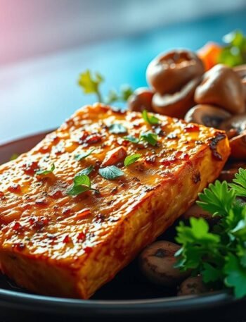tofu steak with miso mushrooms served on a ceramic plate with green onions and cherry tomatoes tofu steak with miso mushrooms served on a ceramic plate with green onions and cherry tomatoes