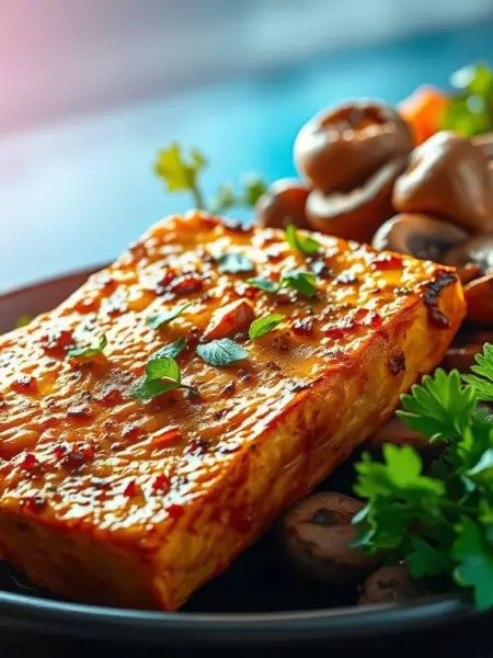 Tofu steak with miso mushrooms served on a ceramic plate with green onions and cherry tomatoes