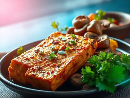 tofu steak with miso mushrooms served on a ceramic plate with green onions and cherry tomatoes tofu steak with miso mushrooms served on a ceramic plate with green onions and cherry tomatoes tofu steak with miso mushrooms served on a ceramic plate with green onions and cherry tomatoes