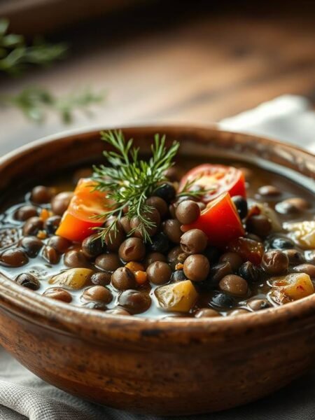 Bowl of Ikarian longevity stew with black-eyed peas, dill, and olive oil