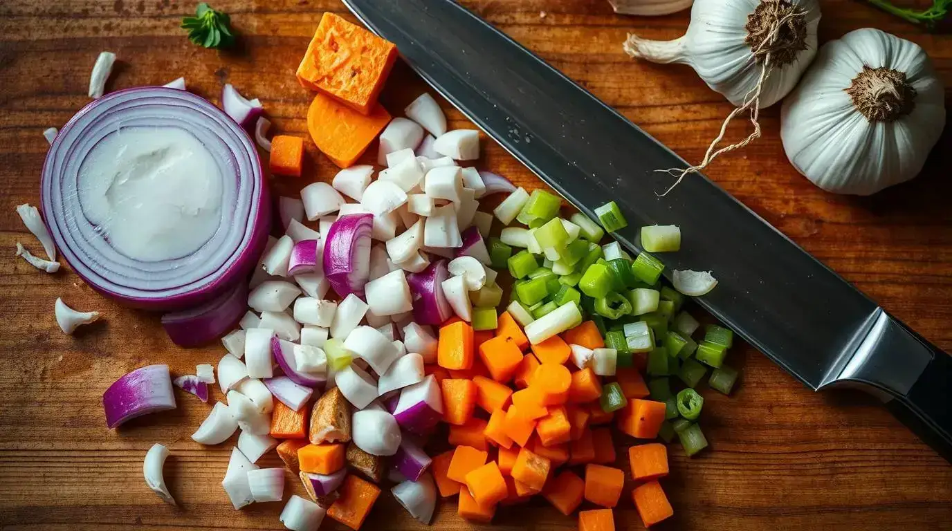 chopped fennel, onion, carrot, celery, and garlic on wooden board chopped fennel, onion, carrot, celery, and garlic on wooden board