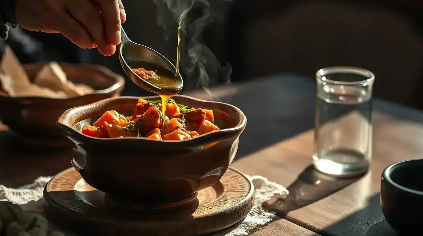serving bowl of ikarian stew with olive oil drizzle and fennel fronds serving bowl of ikarian stew with olive oil drizzle and fennel fronds